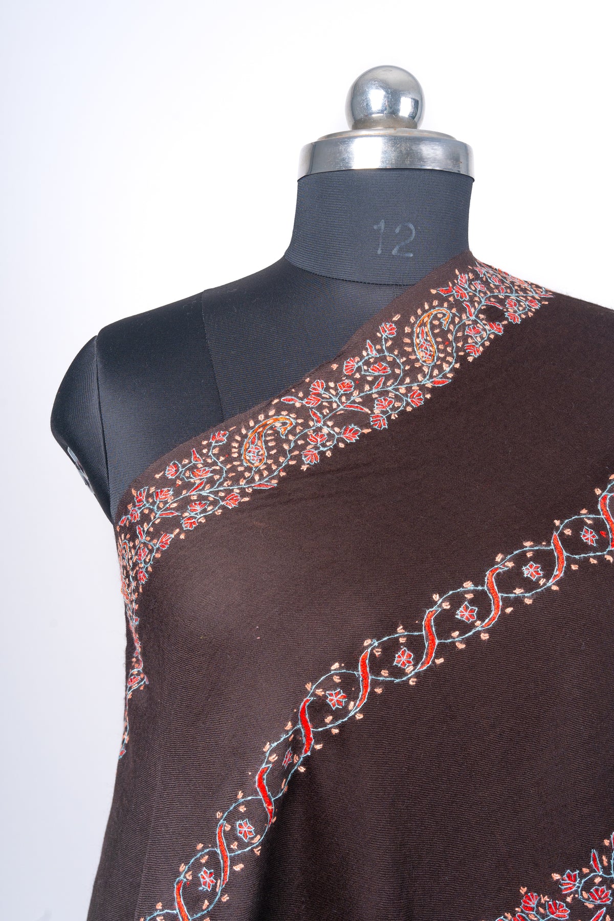 Chandni Zameen: Hand-Embroidered Sozni Shawl on Dark Cocoa Merino Wool