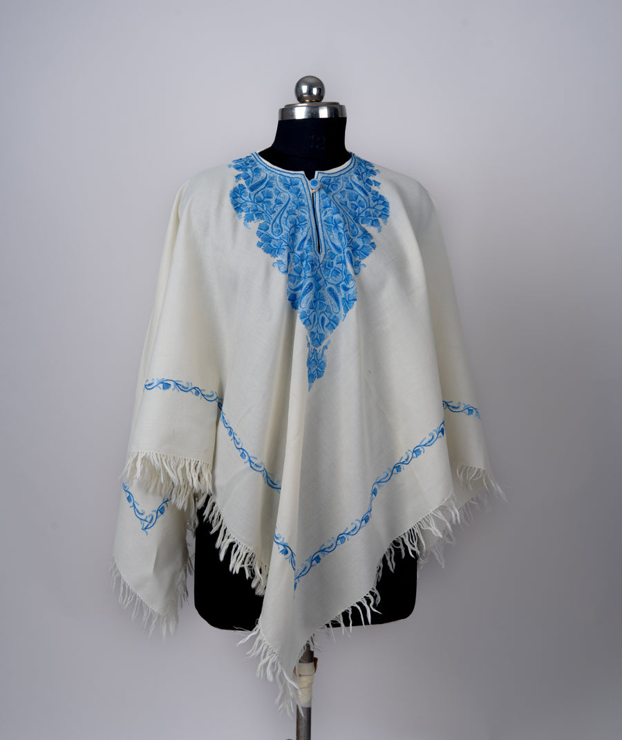 Nilofer Frost: Aari Hand-Embroidered Poncho in Ivory and Blue