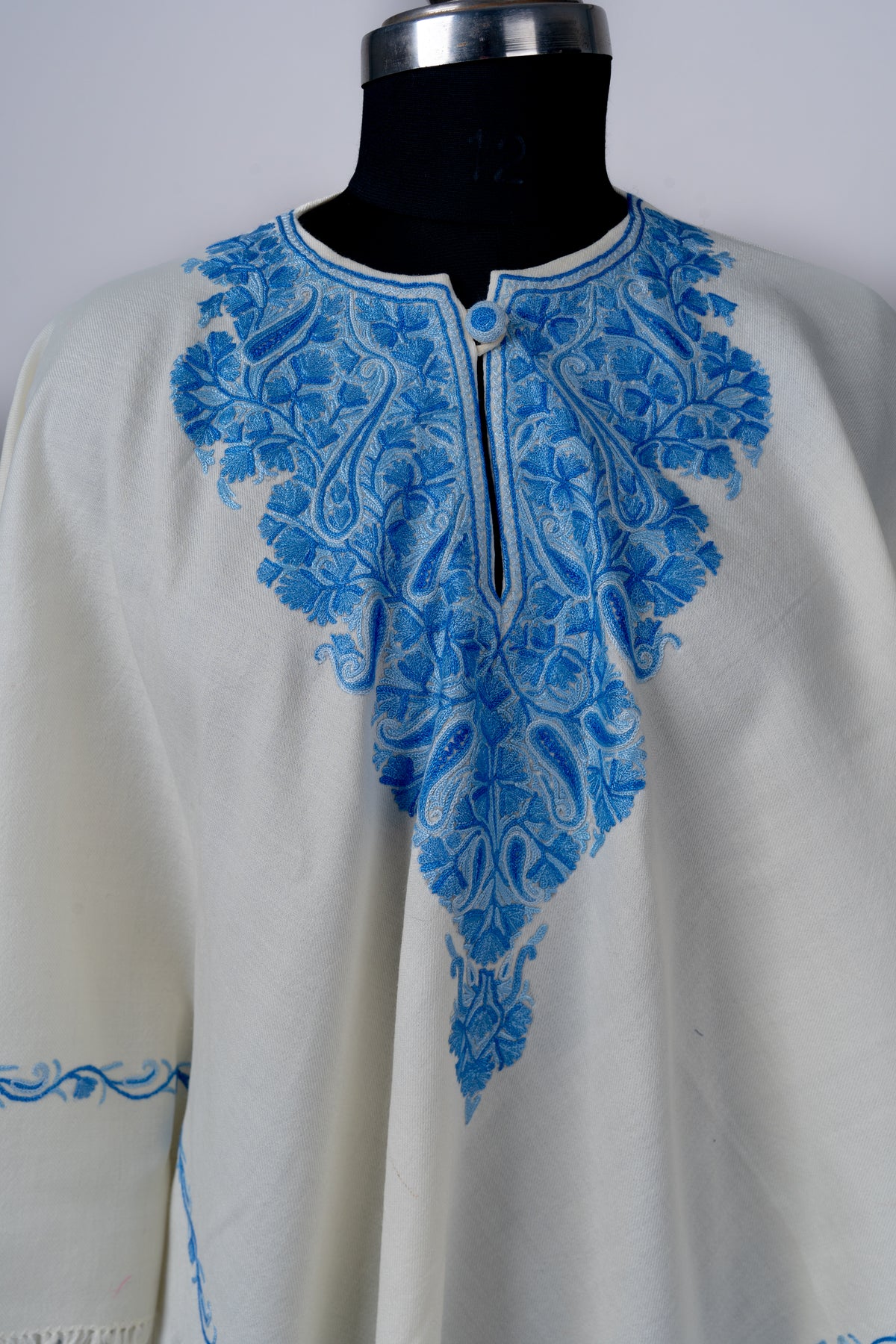 Nilofer Frost: Aari Hand-Embroidered Poncho in Ivory and Blue