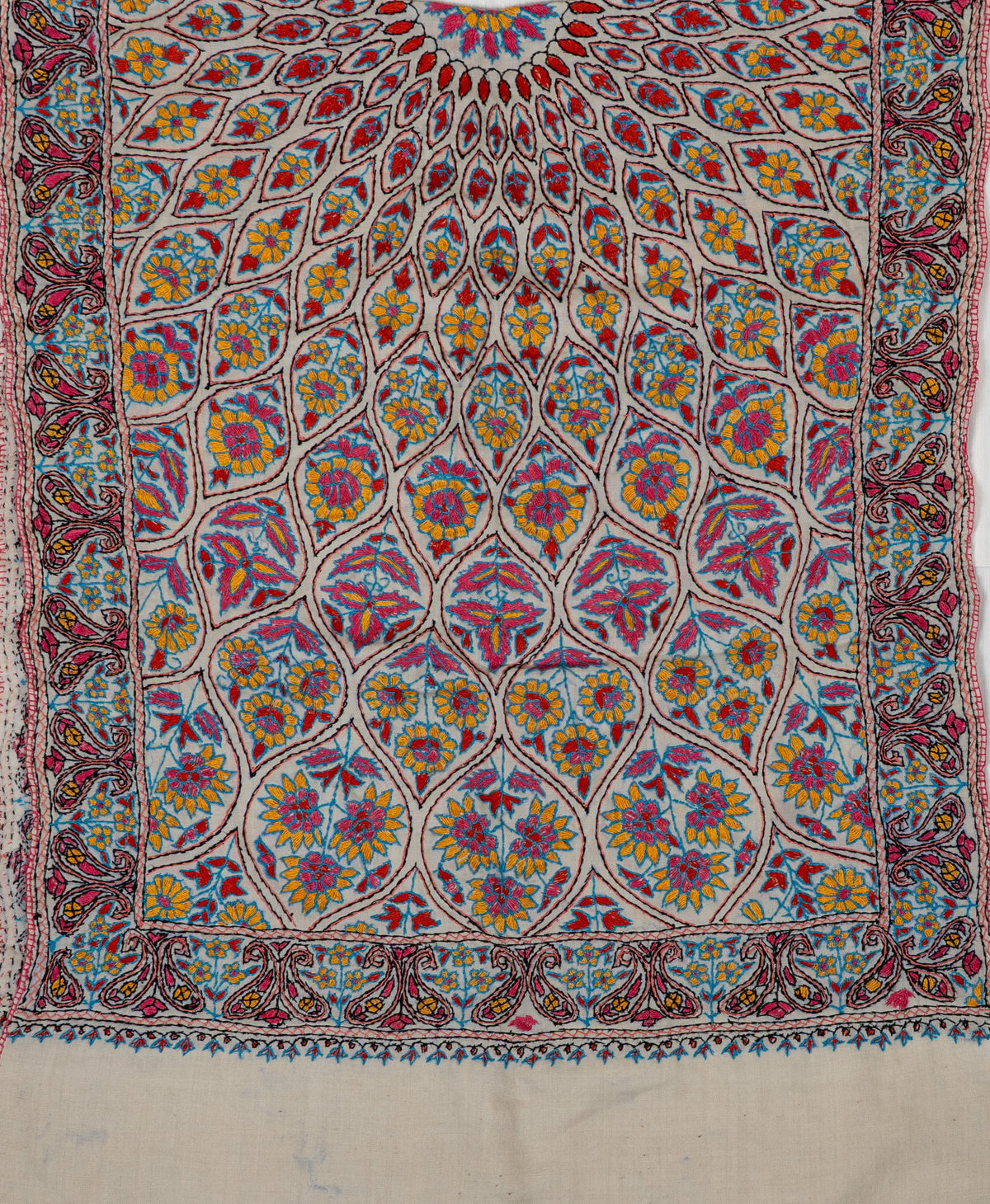 Ivory stole laid flat with colourful Sozni flowers in a radiating lattice, framed by paisley borders above a plain end band