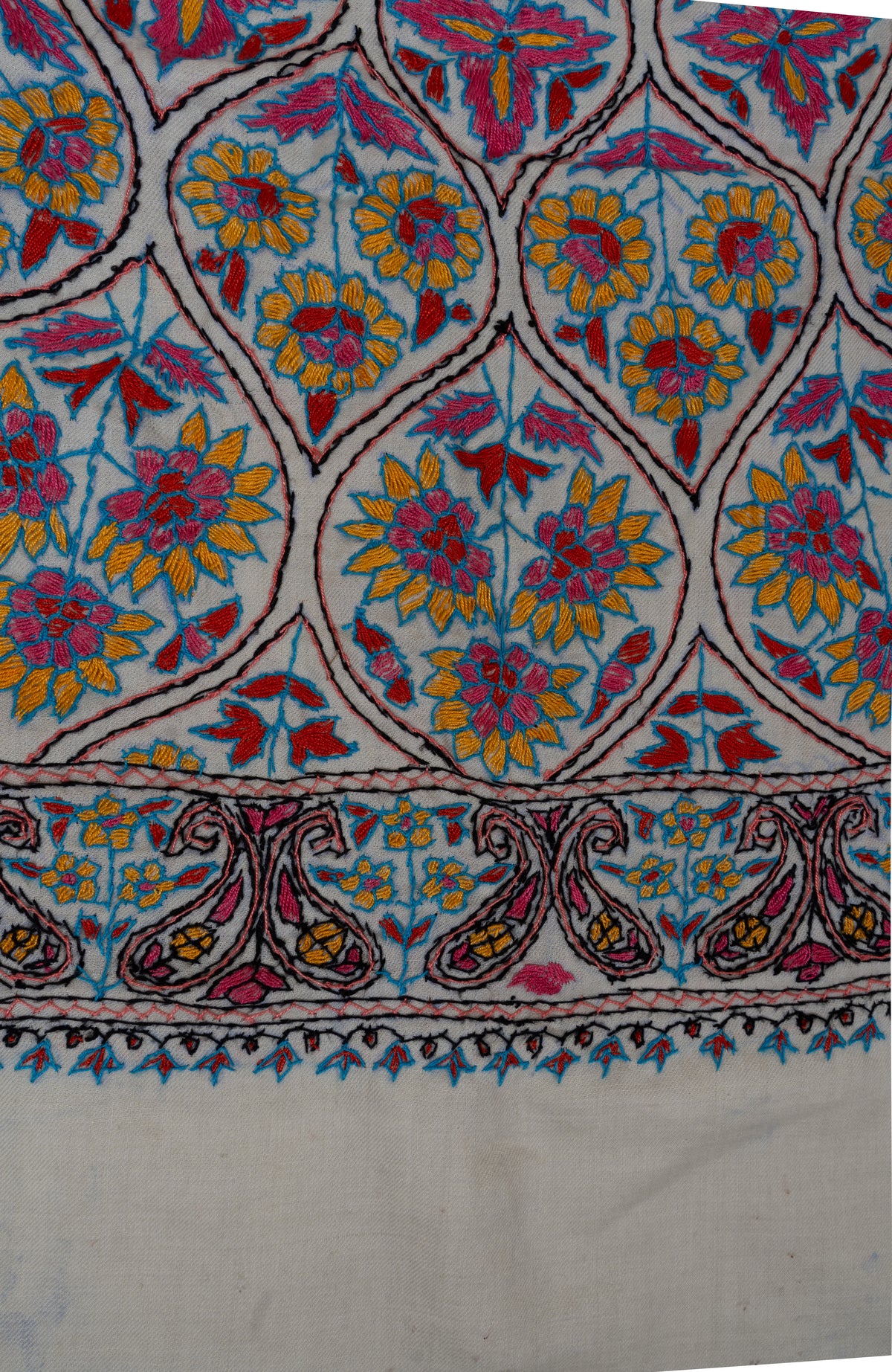 Close-up of colourful Sozni flowers in pointed lattice shapes above a pink and blue paisley end border on ivory fabric
