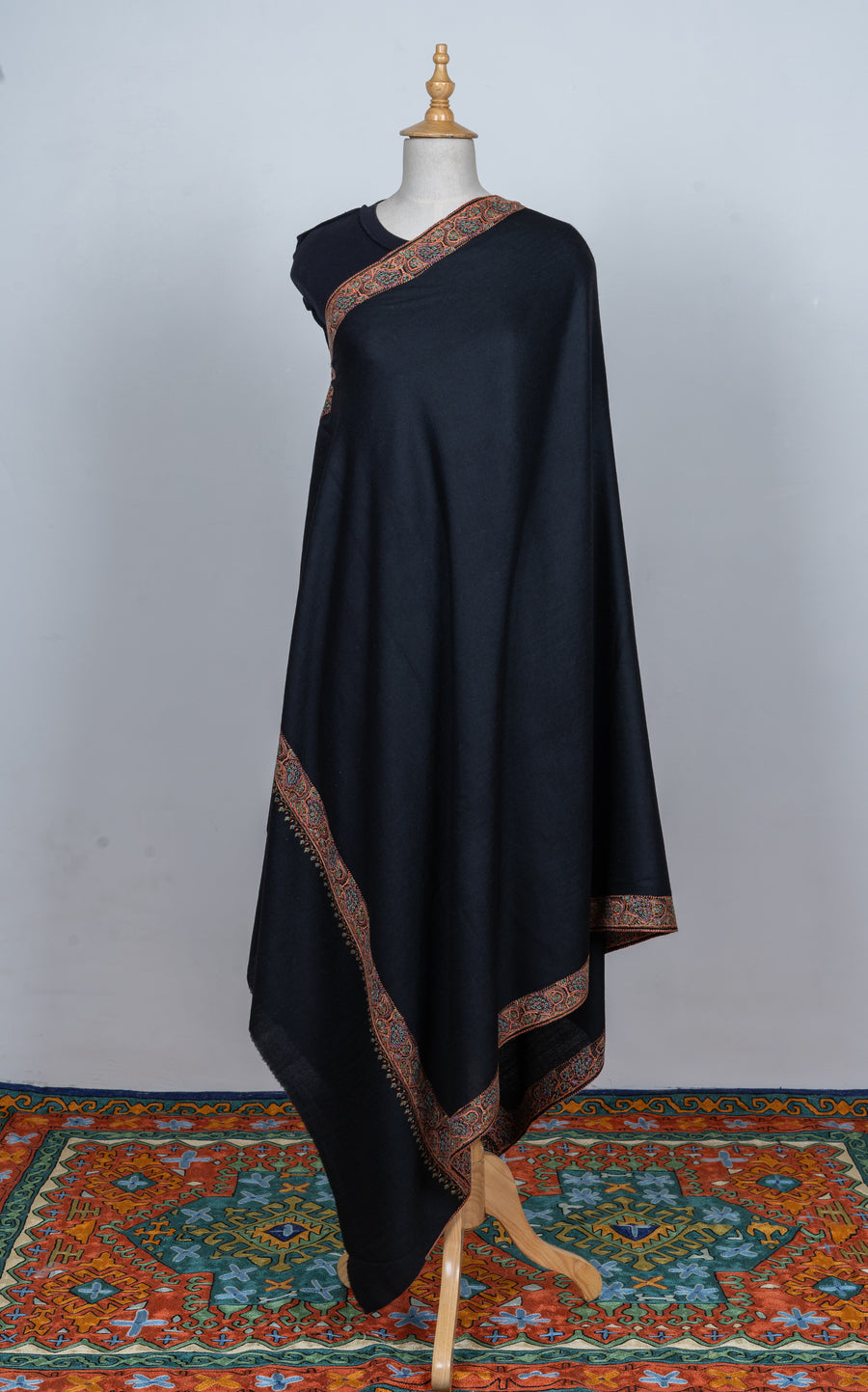 Zunaira Noir: Sozni Border Hand-Embroidered Merino Wool Shawl