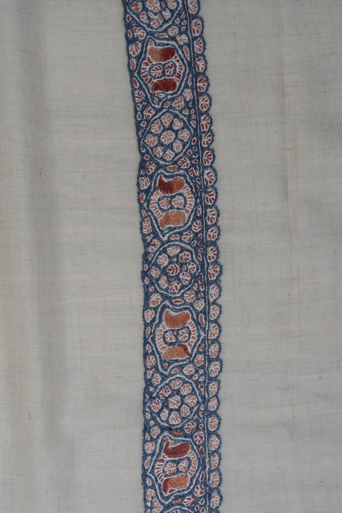 Close-up of an indigo Sozni rumal border with coral flowers, rust-coloured medallions and pale outlined edging