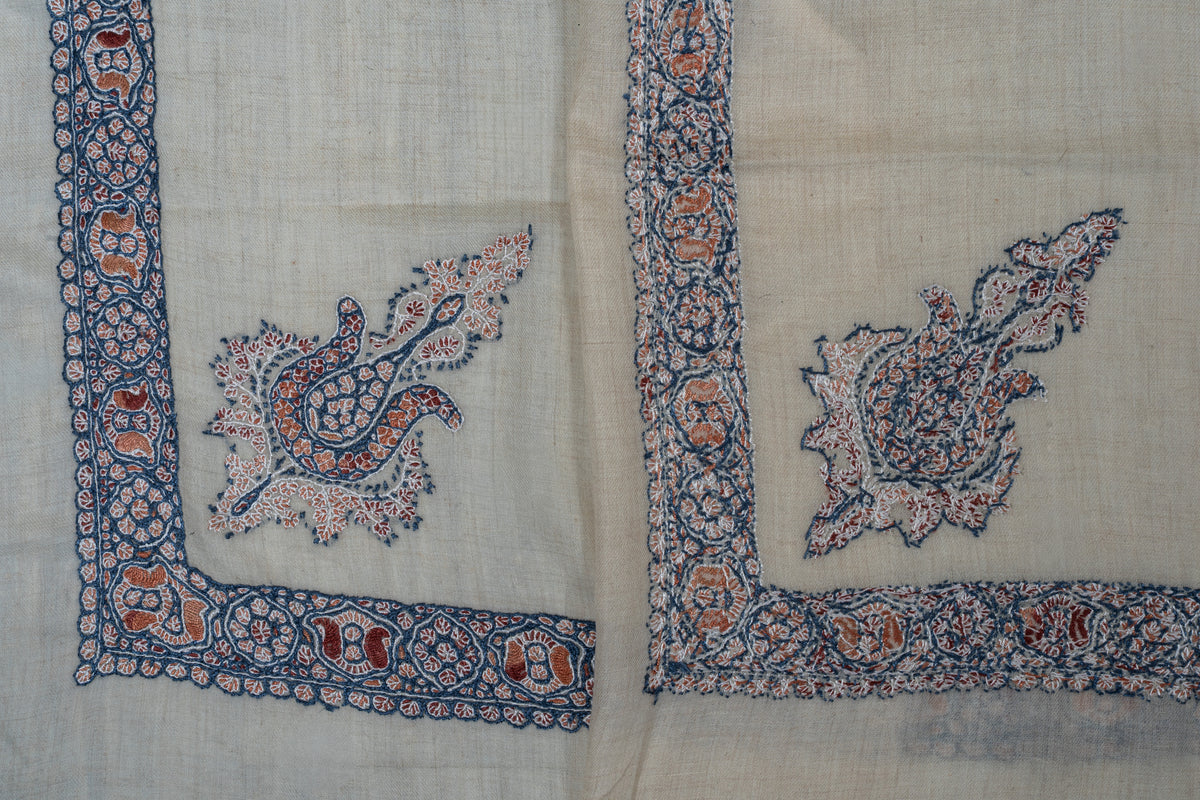 Overlapping ivory rumal corners showing both sides of indigo, coral and rust Sozni floral motifs and patterned borders
