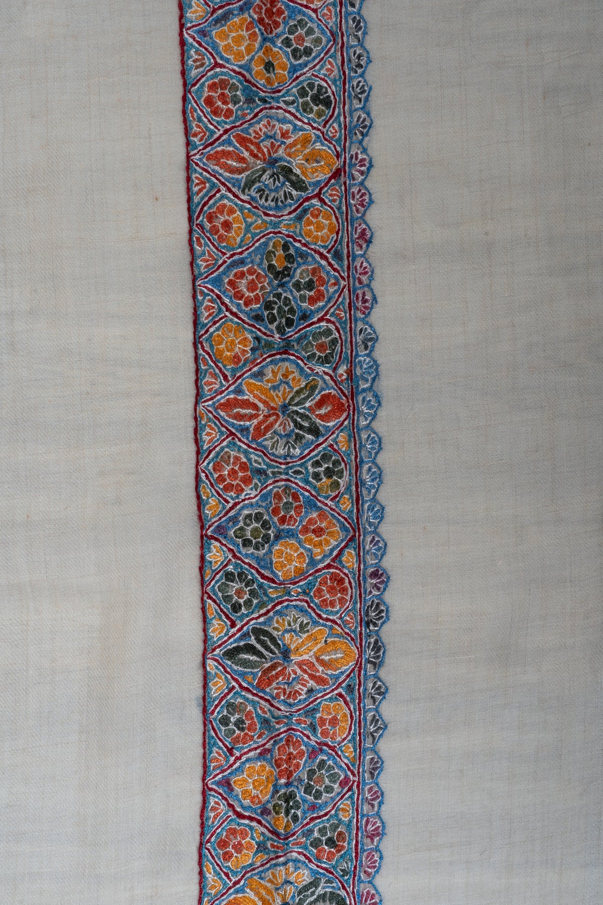 Close-up of the rumal's blue-edged border with saffron, red and dark floral motifs