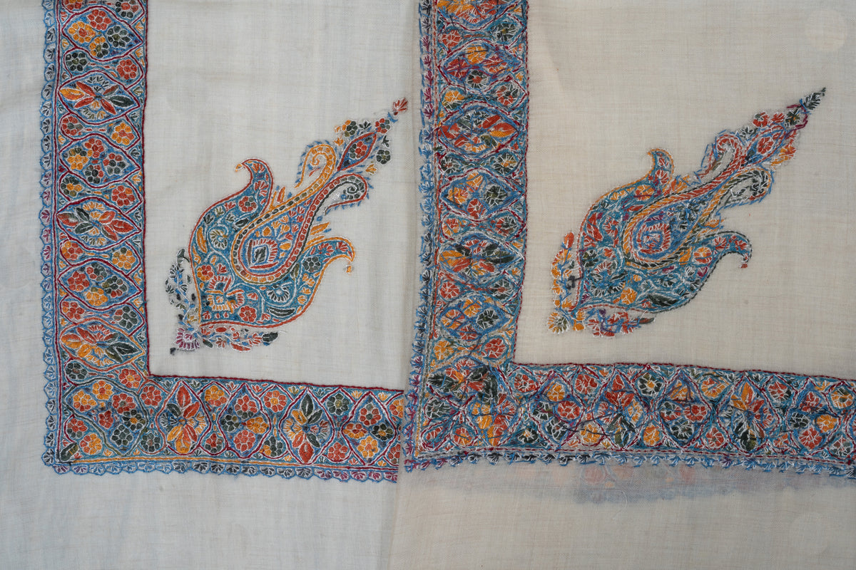 Overlapping cream rumal corners showing the front and reverse of the multicoloured paisley embroidery