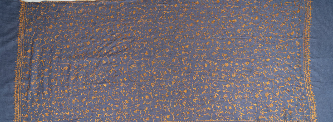 Raakh-e-Zareen: Slate & Gold Sozni Embroidered Scarf
