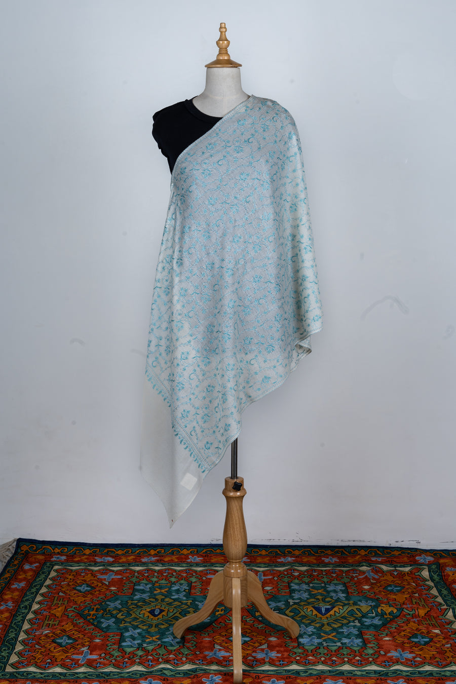 Barfaani Gul: All-Over Sozni Hand-Embroidered Merino Wool Stole