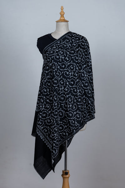 Shabnum Noir: All-Over Sozni Hand-Embroidered Merino Wool scarf