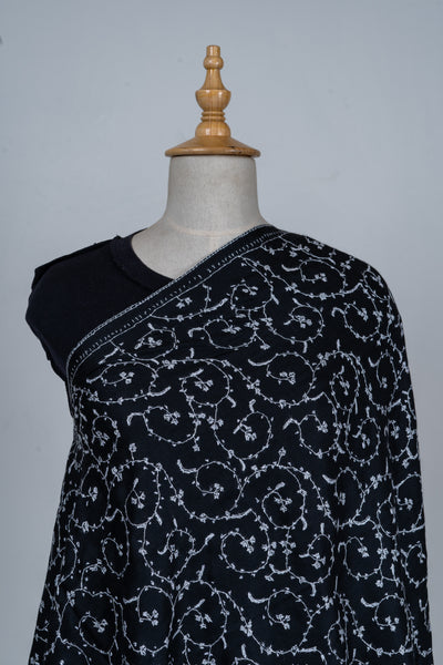 Shabnum Noir: All-Over Sozni Hand-Embroidered Merino Wool scarf