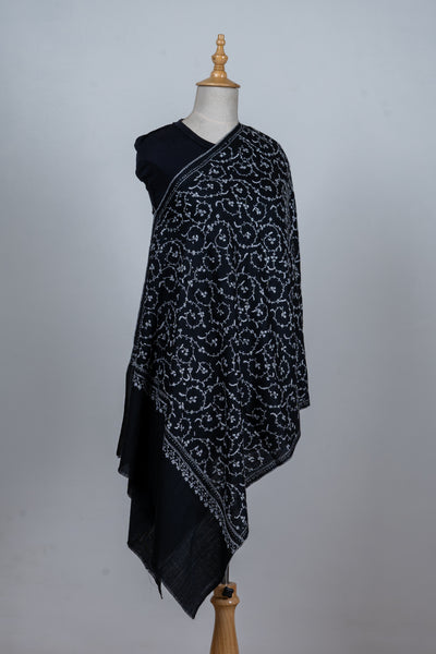 Shabnum Noir: All-Over Sozni Hand-Embroidered Merino Wool scarf