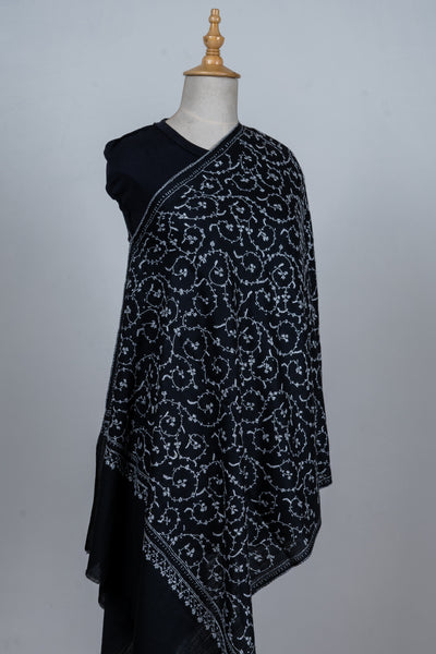 Shabnum Noir: All-Over Sozni Hand-Embroidered Merino Wool scarf
