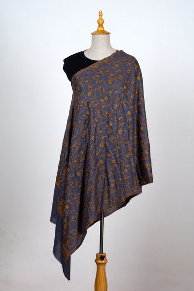 Raakh-e-Zareen: Slate & Gold Sozni Embroidered Scarf