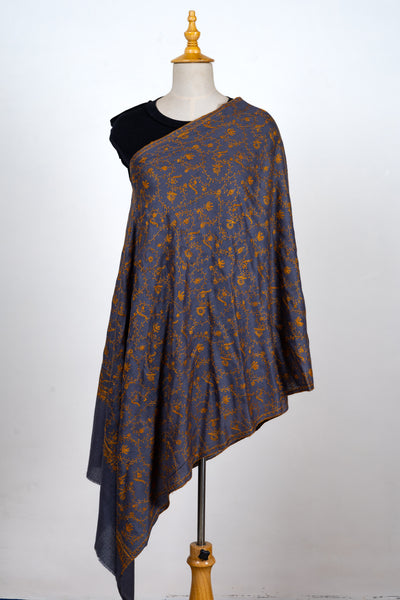 Raakh-e-Zareen: Slate & Gold Sozni Embroidered Scarf
