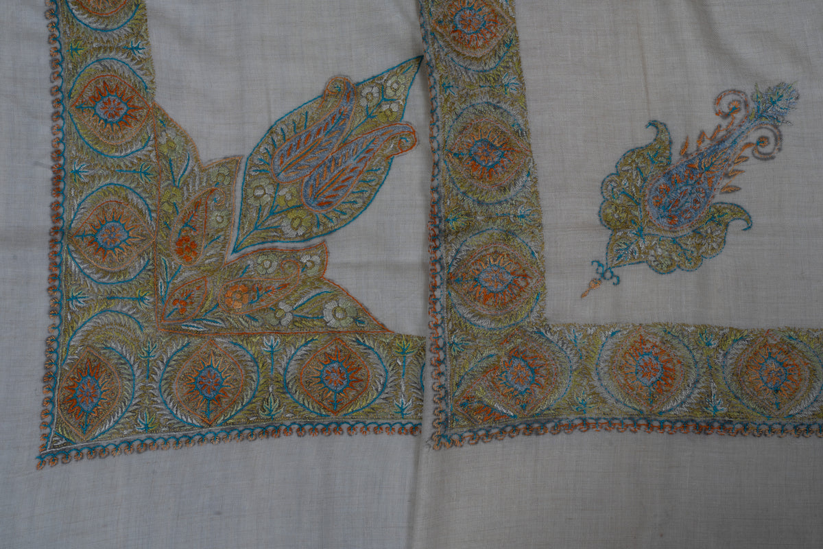 Two pale cashmere rumal corners comparing a large leafy Sozni corner with a separate paisley inside amber and blue borders.