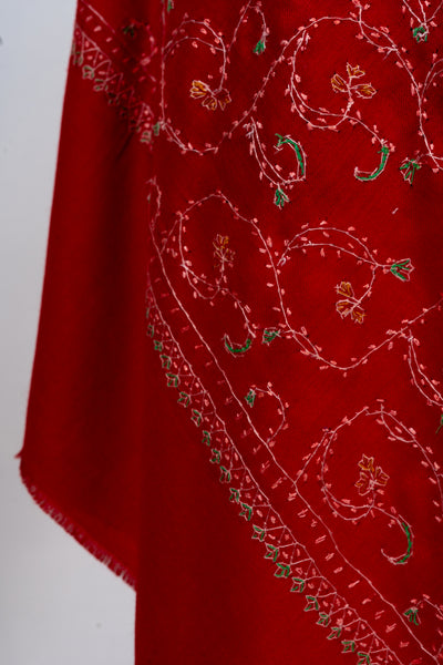 Gulnaar-e-Lal: Red Sozni Hand-Embroidered Scarf