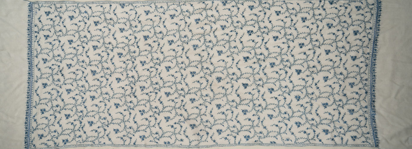 Chandni Gul: Ice Blue on Ivory Sozni Hand-Embroidered Scarf