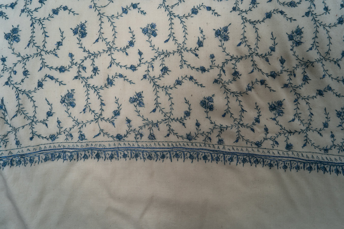 Chandni Gul: Ice Blue on Ivory Sozni Hand-Embroidered Scarf