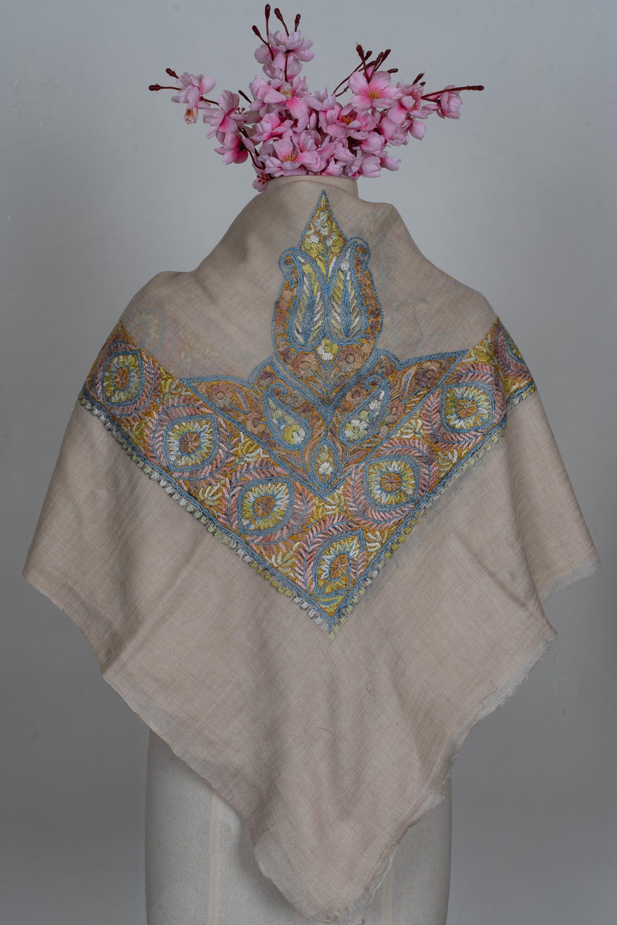 Golden Azure Cashmere Rumal — Sozni Hand Embroidered