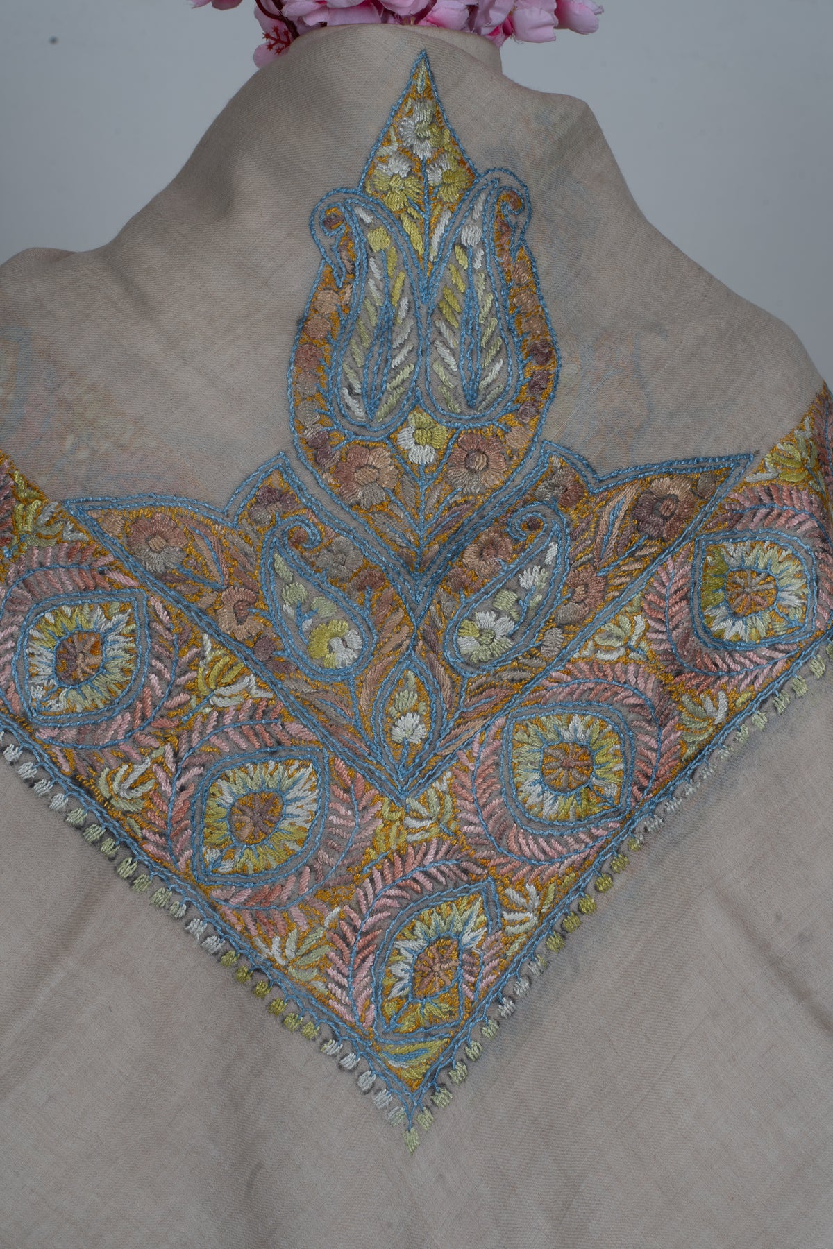 Golden Azure Cashmere Rumal — Sozni Hand Embroidered
