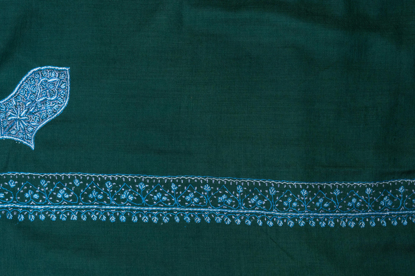 Emerald Elegance - Fine Merino Wool Hand-Embroidered Sozni Shawl