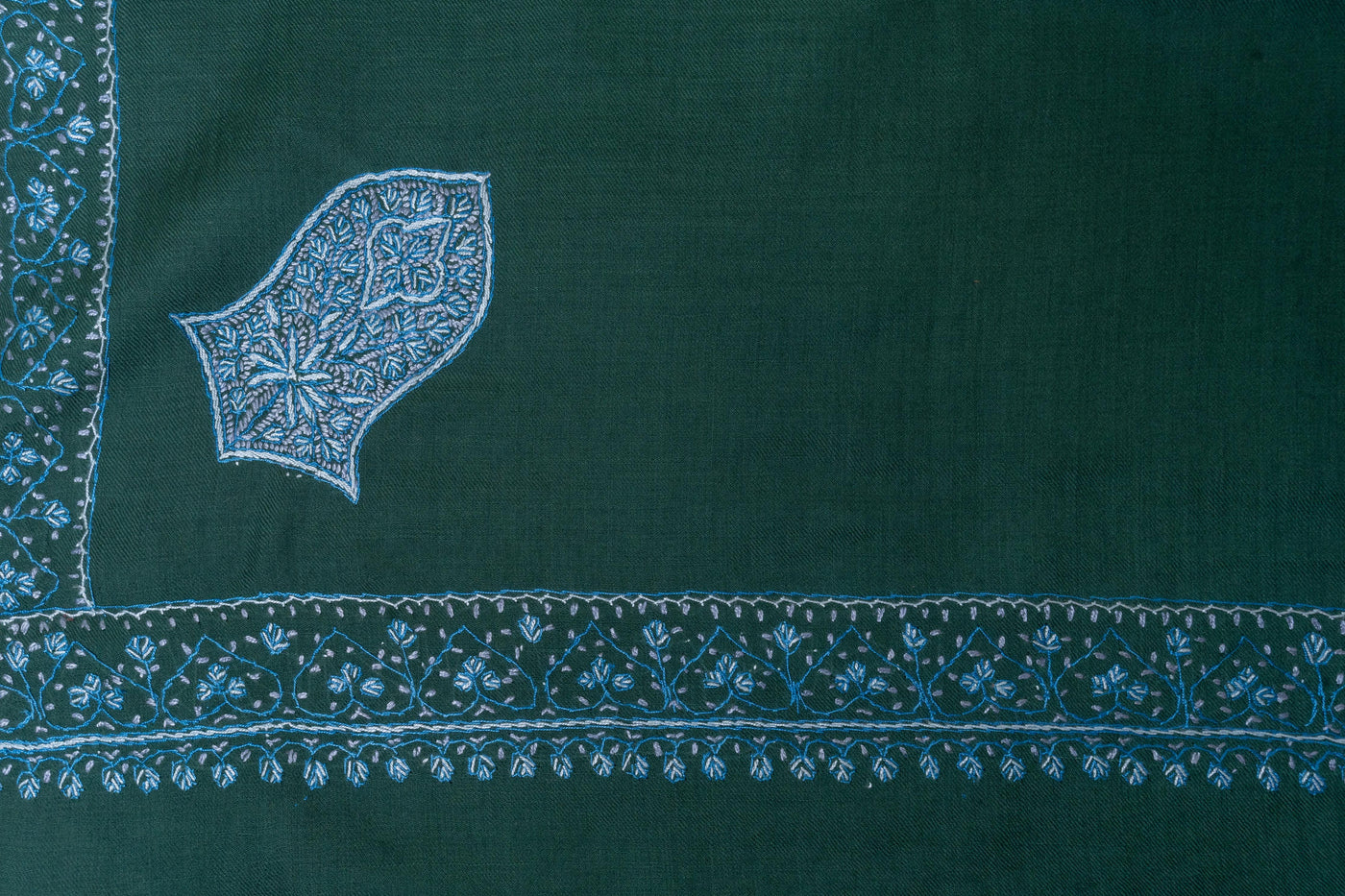 Emerald Elegance - Fine Merino Wool Hand-Embroidered Sozni Shawl