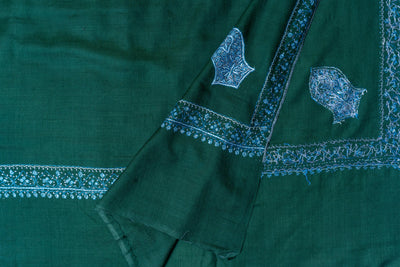 Emerald Elegance - Fine Merino Wool Hand-Embroidered Sozni Shawl