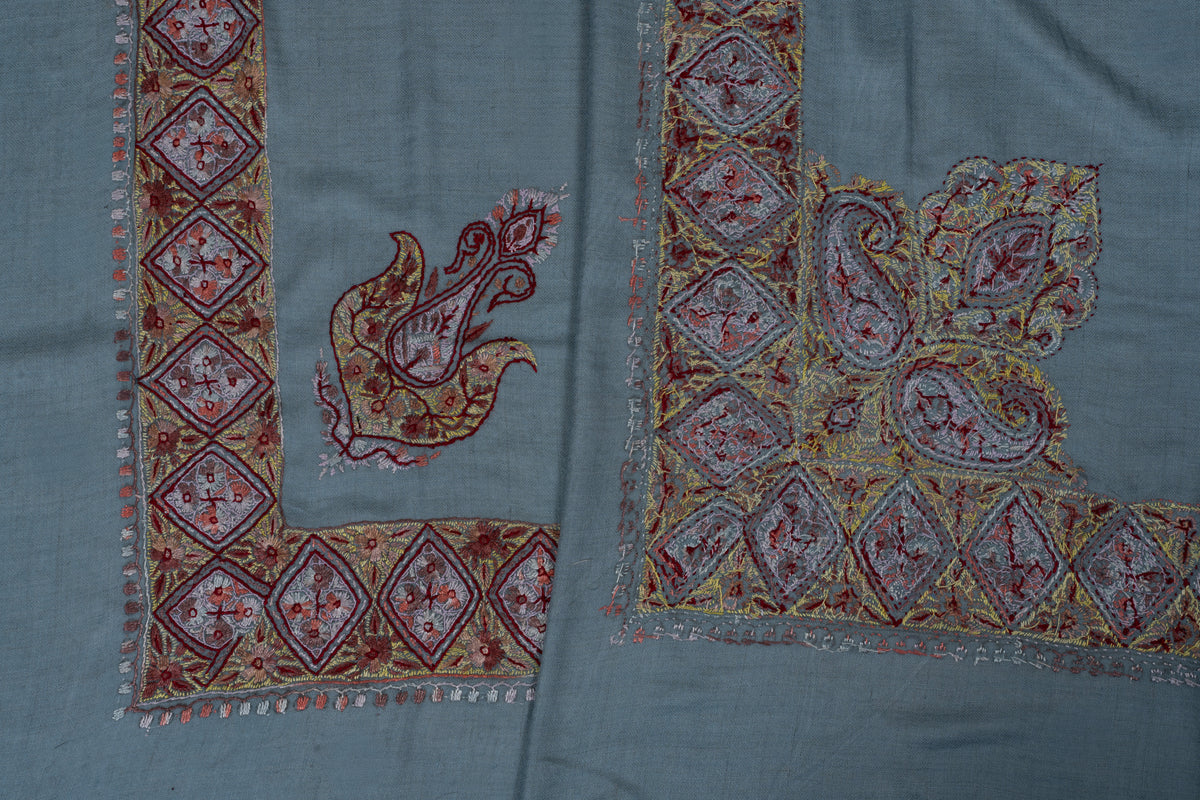 Two sky-blue cashmere rumal corners comparing a separate Sozni paisley with a larger paisley-and-leaf motif joined to the border.