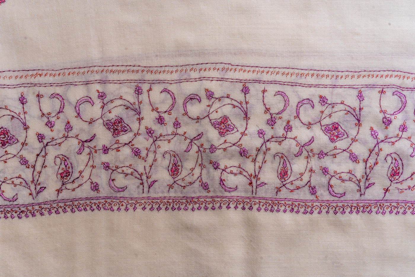 Blossoming Ivory - Merino Wool Shawl with Hand-Embroidered Sozni Motifs