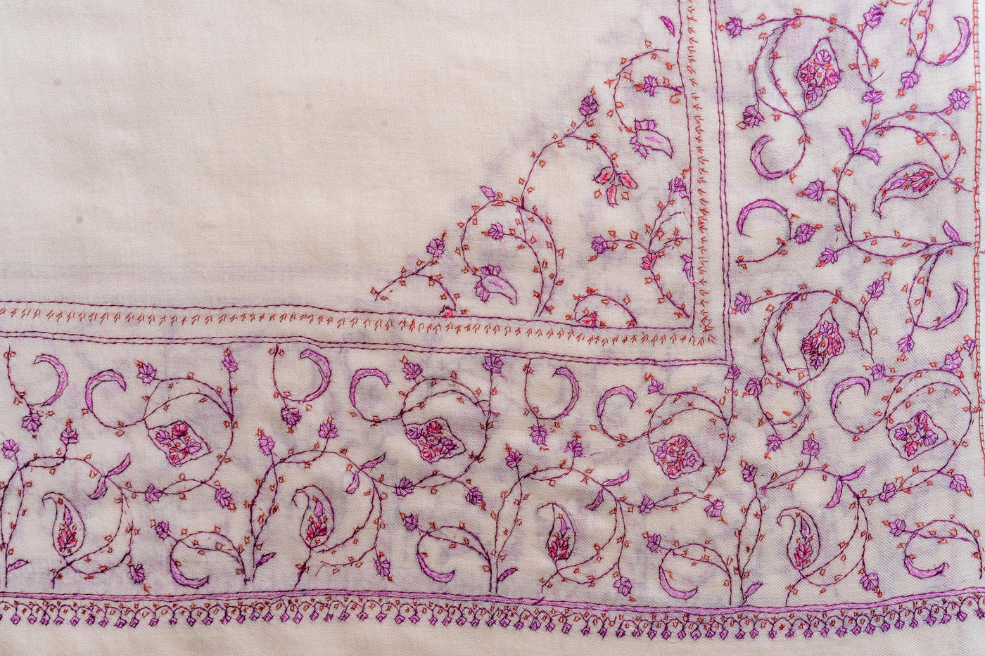 Blossoming Ivory - Merino Wool Shawl with Hand-Embroidered Sozni Motifs