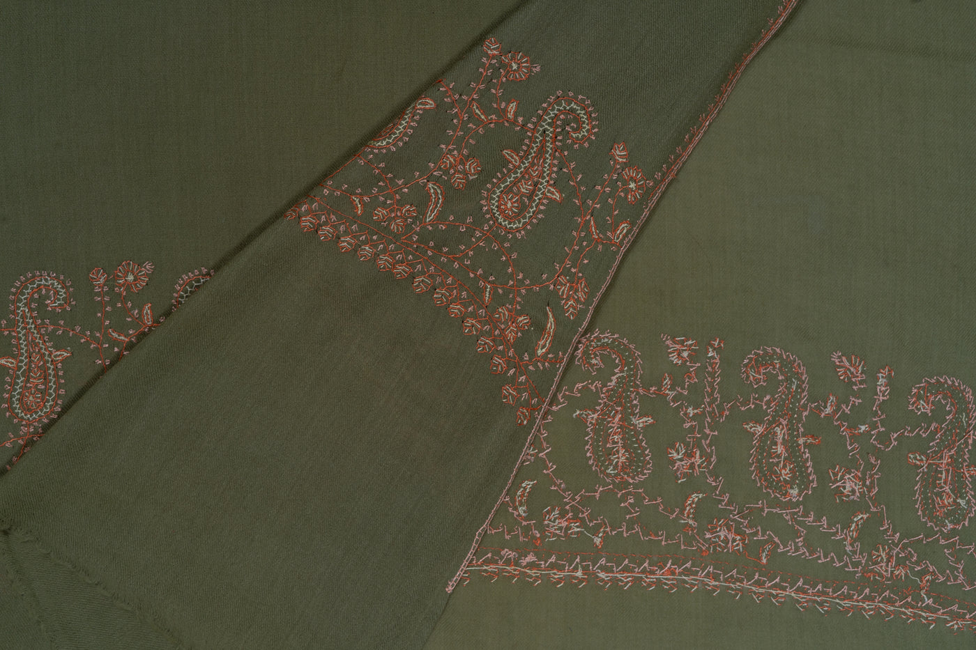 Naaz-e-Zaitoon: Olive Green Sozni Hand-Embroidered Scarf
