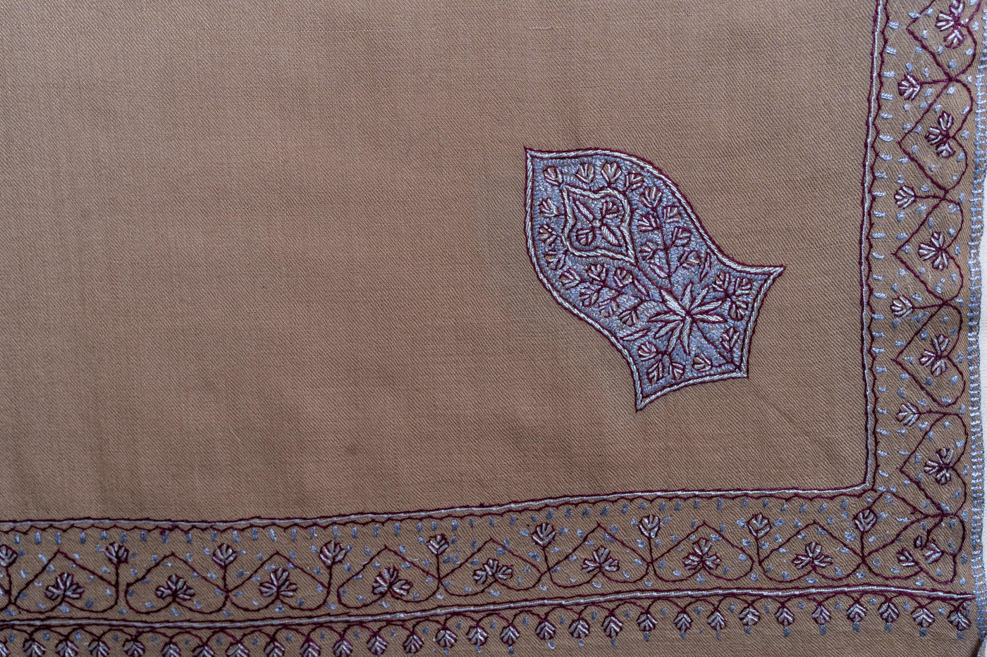 Beige Serenity - Merino Wool Hand-Embroidered Sozni Shawl