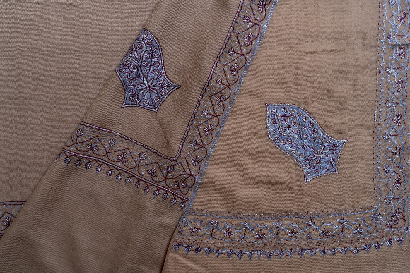 Beige Serenity - Merino Wool Hand-Embroidered Sozni Shawl