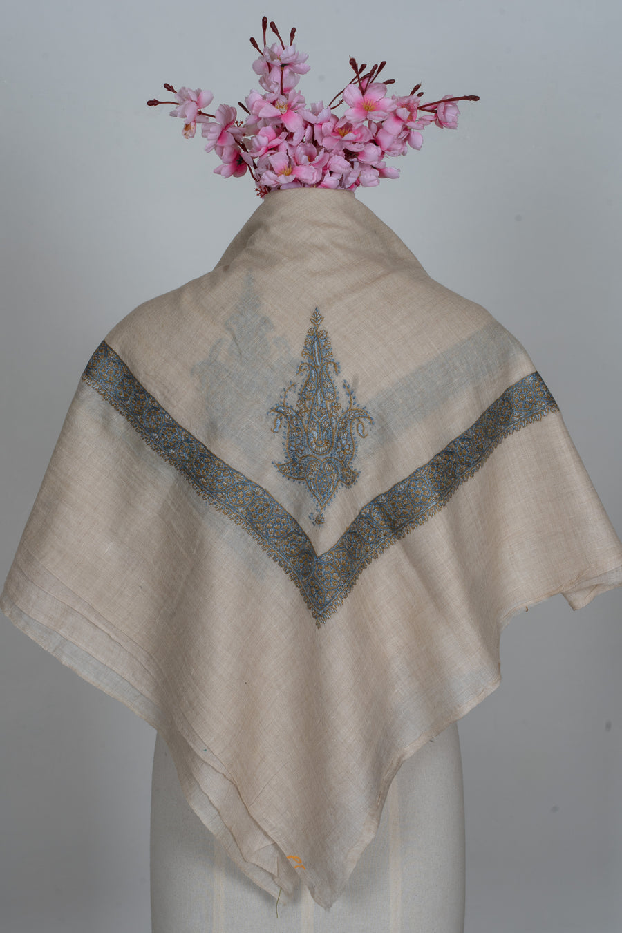 Saffron Slate Cashmere Rumal — Sozni Hand Embroidered
