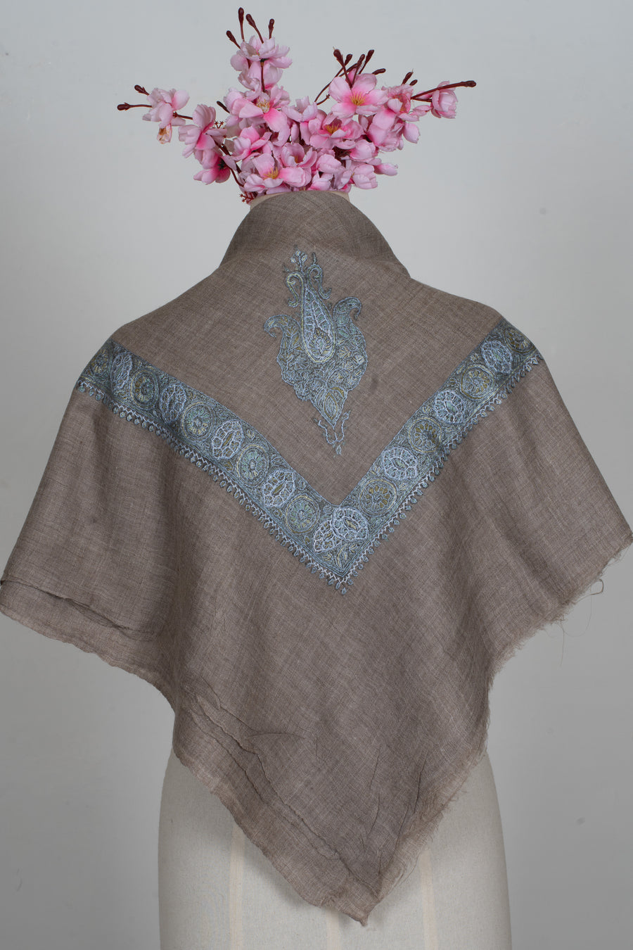 Mushroom Pearl Cashmere Rumal — Sozni Hand Embroidered