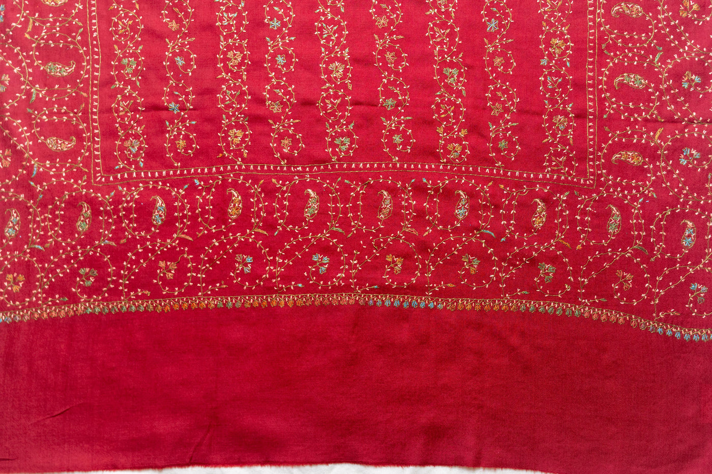 Crimson Splendor - Merino Wool Shawl with All-Over Hand-Embroidered Sozni Design