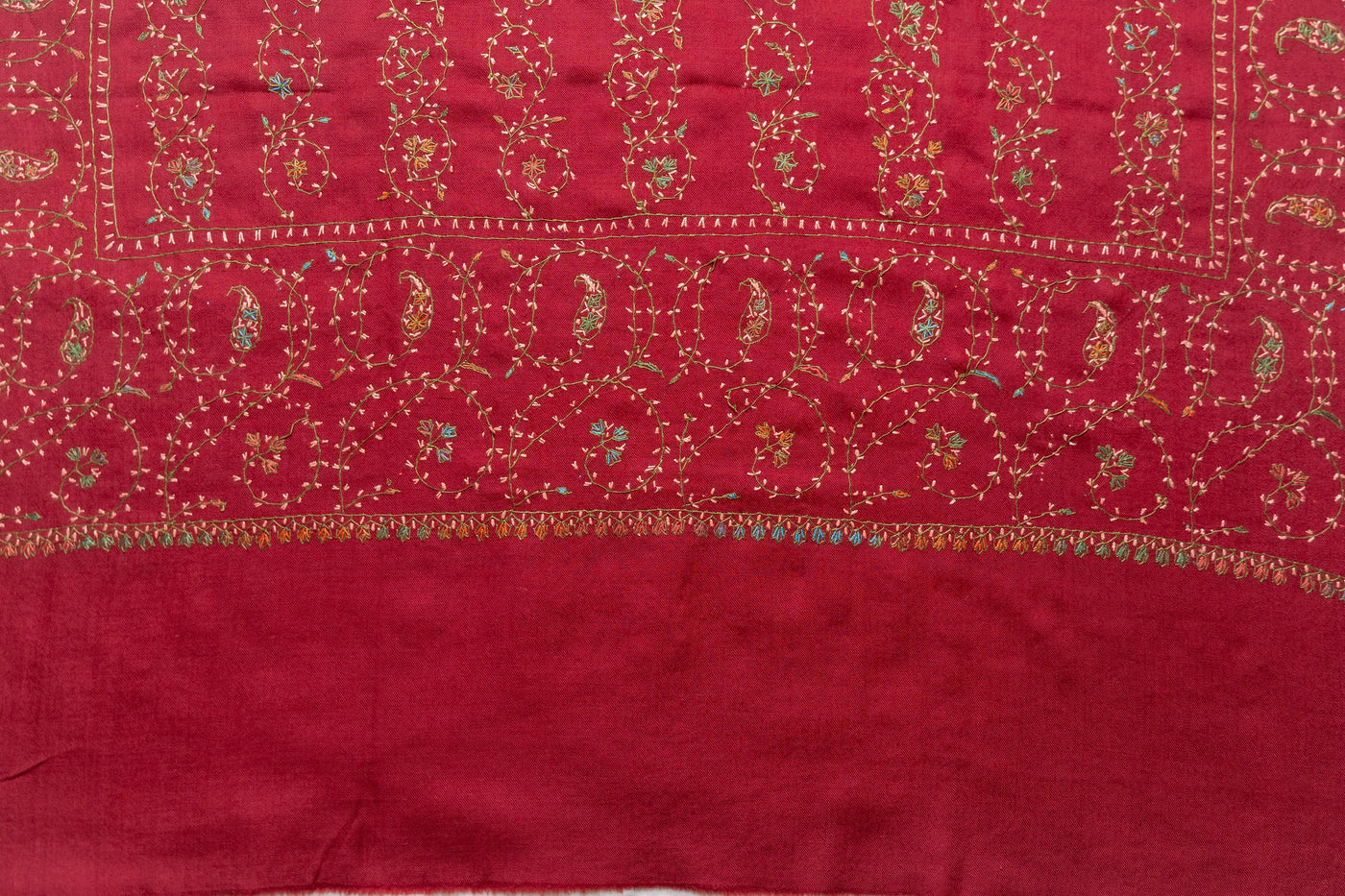 Crimson Splendor - Merino Wool Shawl with All-Over Hand-Embroidered Sozni Design