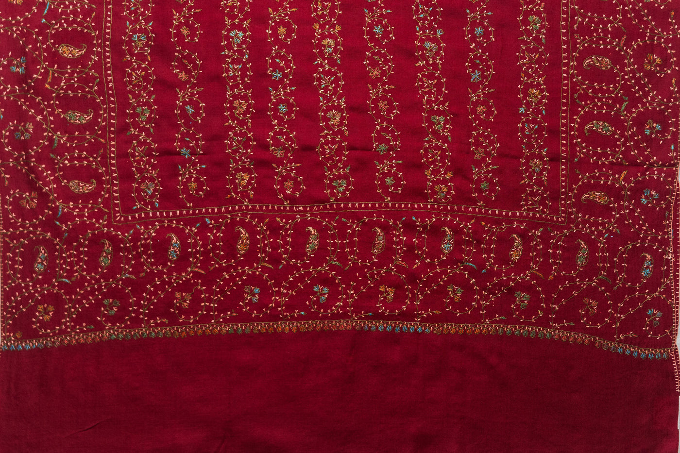 Crimson Splendor - Merino Wool Shawl with All-Over Hand-Embroidered Sozni Design