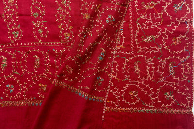 Crimson Splendor - Merino Wool Shawl with All-Over Hand-Embroidered Sozni Design