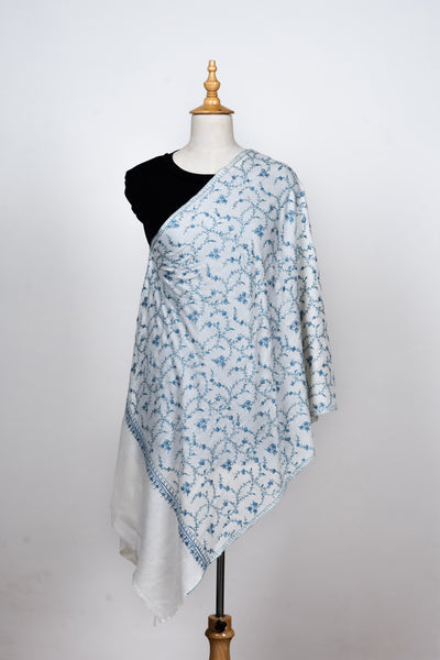 Chandni Gul: Ice Blue on Ivory Sozni Hand-Embroidered Scarf