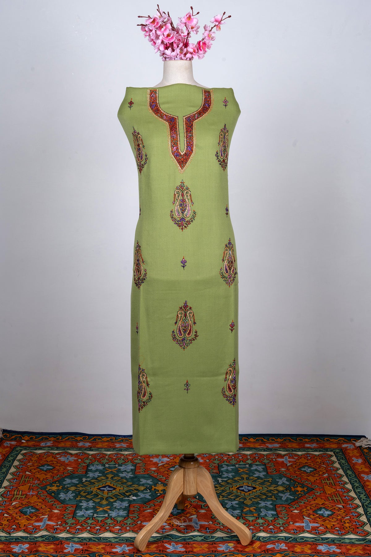 Olive Charm Sozni Hand Embroidered Suit