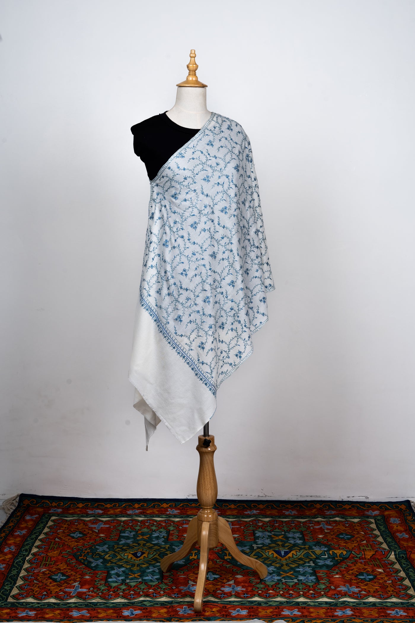 Chandni Gul: Ice Blue on Ivory Sozni Hand-Embroidered Scarf