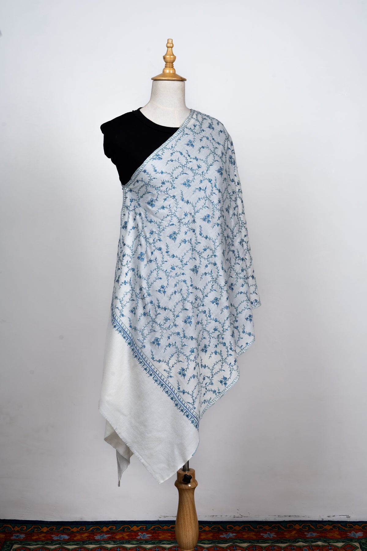 Chandni Gul: Ice Blue on Ivory Sozni Hand-Embroidered Stole