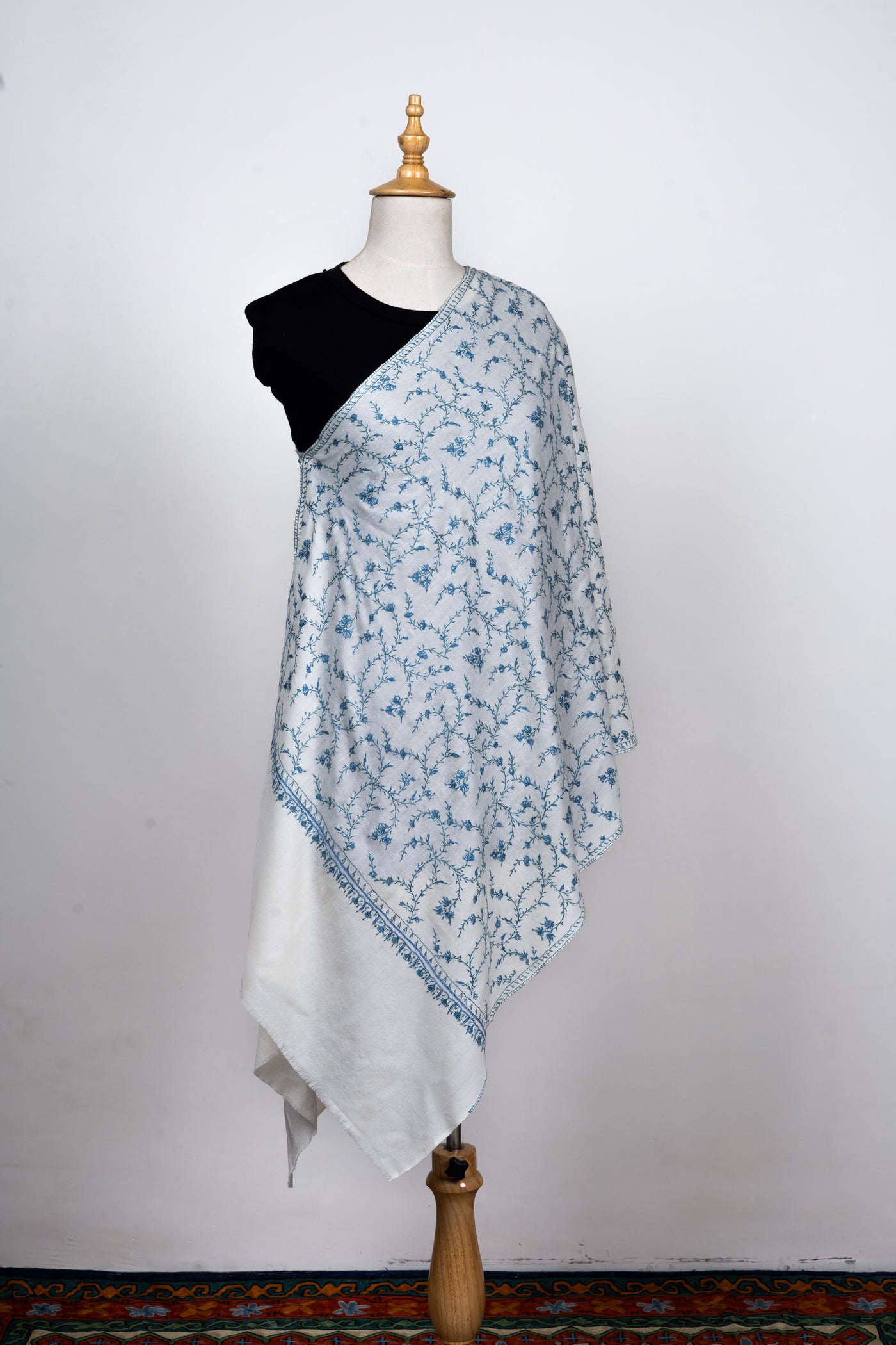 Chandni Gul: Ice Blue on Ivory Sozni Hand-Embroidered Scarf