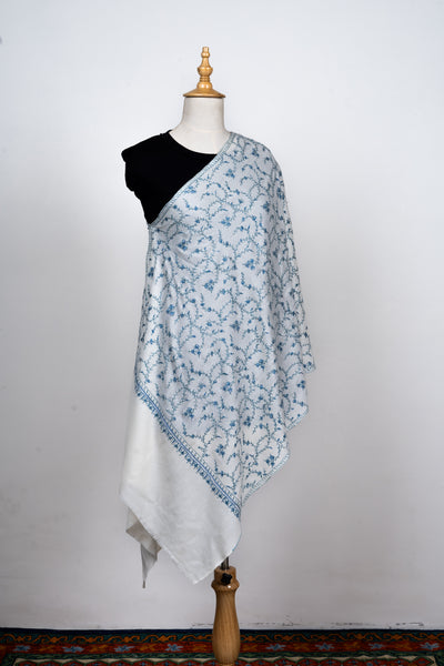 Chandni Gul: Ice Blue on Ivory Sozni Hand-Embroidered Scarf
