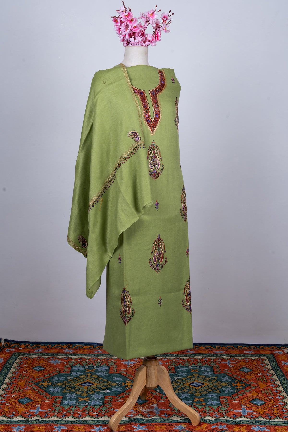 Olive Charm Sozni Hand Embroidered Suit