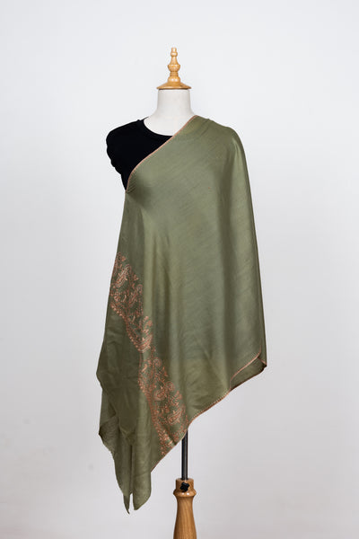 Naaz-e-Zaitoon: Olive Green Sozni Hand-Embroidered Scarf