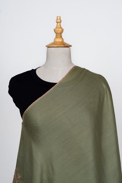 Naaz-e-Zaitoon: Olive Green Sozni Hand-Embroidered Scarf