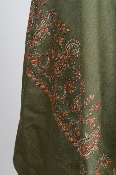 Naaz-e-Zaitoon: Olive Green Sozni Hand-Embroidered Scarf