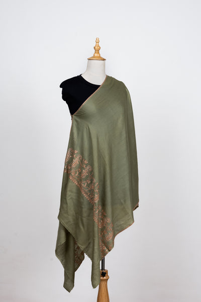 Naaz-e-Zaitoon: Olive Green Sozni Hand-Embroidered Scarf
